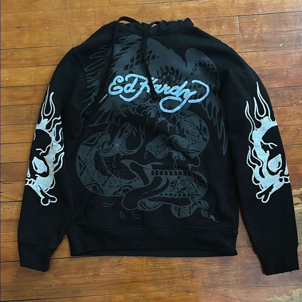 Ed Hardy Black Hoodie with Blue Skull Design